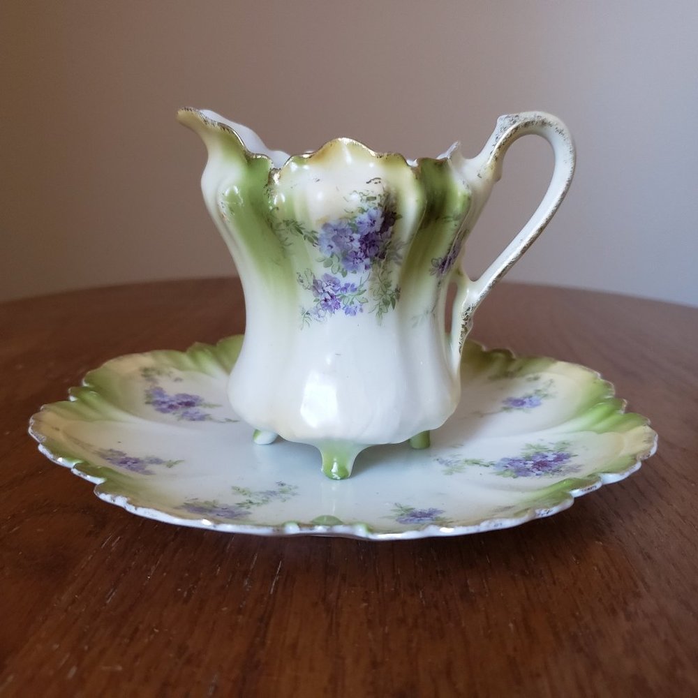 Antique RS Prussia Germany Purple Green Floral Gold Trim Footed Creamer & Saucer